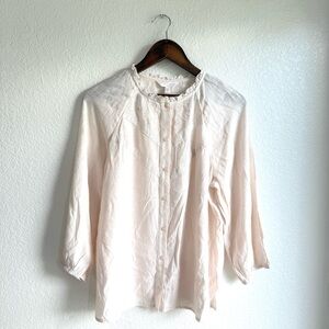 Lauren Conrad Womens Shirt Blouse Light Pink Button Up Embroidered Heart Size XL